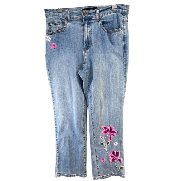 Venezia Jeans Womens 14 Blue Floral Embroidery Straight High Rise Boho Cottage - Picture 1 of 12